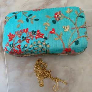 NWOT: Teal Blue Embroidered Clutch
